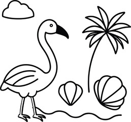 Obraz premium Flamingo and Palm Tree with Seashells Tropical Beach Coloring Page