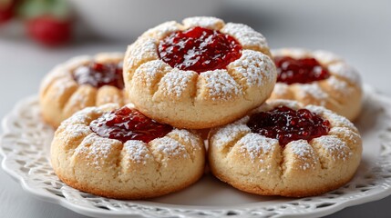 A plate of raspberry jam-filled thumbprint cookies with powdered sugar coating, each kiss of jam shining red in the center, on a white lace doily against a white background