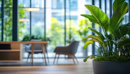 Fototapeta premium Tranquil Office Space: Modern Interior Design with Lush Greenery