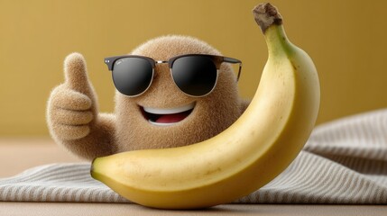 Cute banana character with sunglasses gives a thumbs-up in a cheerful, vibrant setting with soft lighting highlighting its playful personality