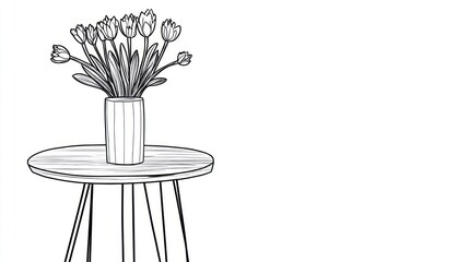 Flowers in vase on round table; still life; home decor; illustration; simple design; suitable for print or digital media