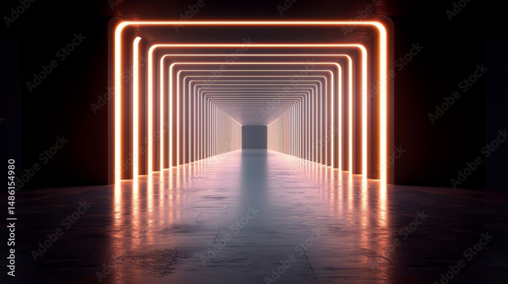 Poster long, narrow hallway with neon lights on the walls. the hallway is empty and the lights are on, crea