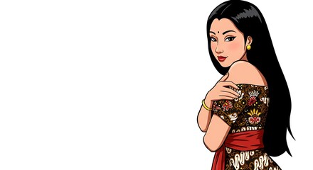 Fototapeta premium a comic cartoon sexy pose sensual Javanese woman wearing kemben batik, isolated white screen background