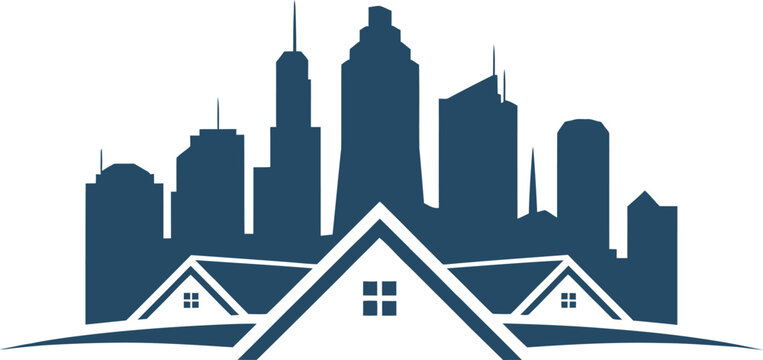 A modern logo combining city skyline and home for real estate. A simple, yet impactful logo design.