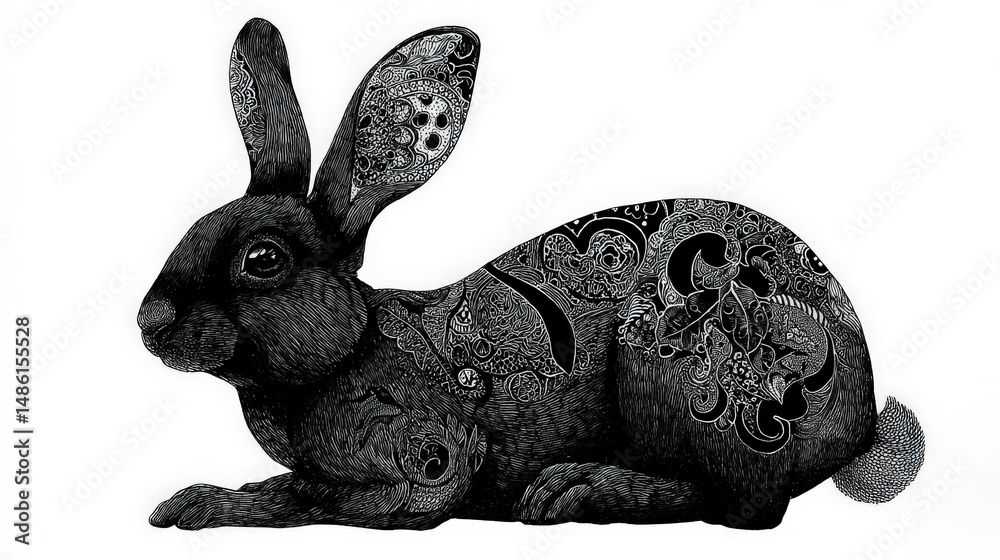 Poster Stunning zen-doodle rabbit displaying intricate patterns on its back for a unique and playful artistic representation