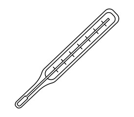 Hand drawn cute outline illustration mercury thermometer. Flat vector temperature measurement medical device line art doodle. Health care sticker, icon. Hospital examination or diagnostic. Isolated.