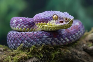 Fototapeta premium Coiled Viper Resting on Mossy Branch in Natural Habitat