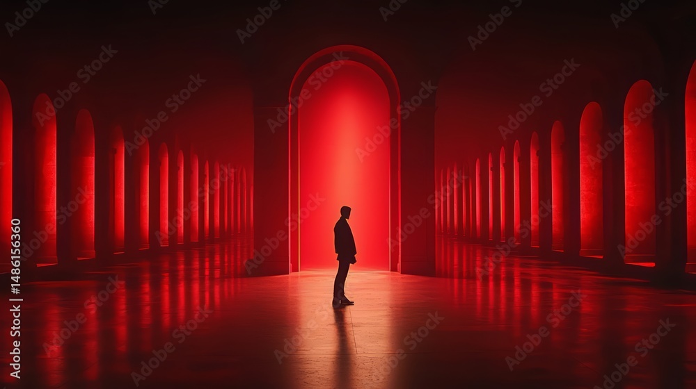 Aufkleber Man stands in a long red hallway. The hallway is lit with red light, creating a moody atmosphere