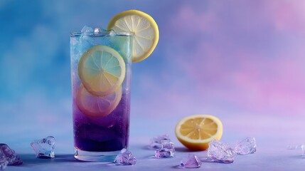 Colorful layered lemonade drink with ice and lemon slices