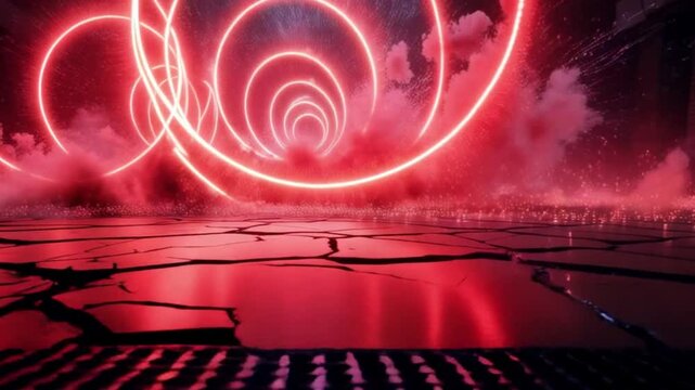 ultra hd 8k cinematic photo of chaotic red neon spirals dissolving into electric glitter explosions over cracked neon floors
