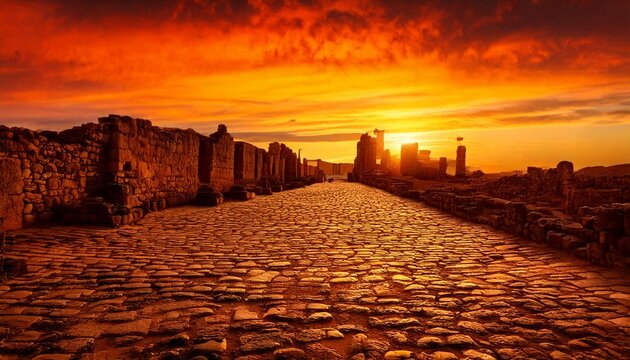 Ruinas antiguas al atardecer Cielo dram&aacute;tico Colores naranja amarillo Pavimento de piedra