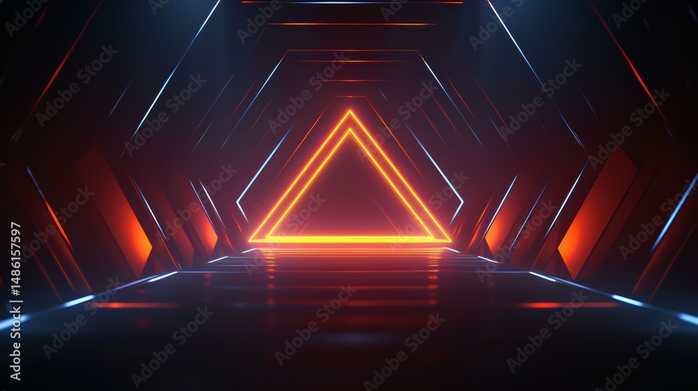 Poster Neon orange triangle is lit up in a dark tunnel. The tunnel is long and narrow, with a series of orange and blue lights lining the walls. The triangle seems to be the focal point of the scene
