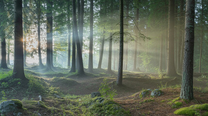 Obraz premium Serene sunlight shining through the trees in a misty forest landscape at dawn