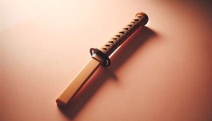 Wooden practice sword for martial arts displayed on pastel background with clean soft lighting and traditional design focus
