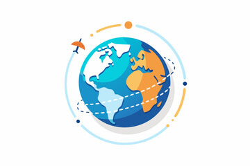 globe with flying airplane icon