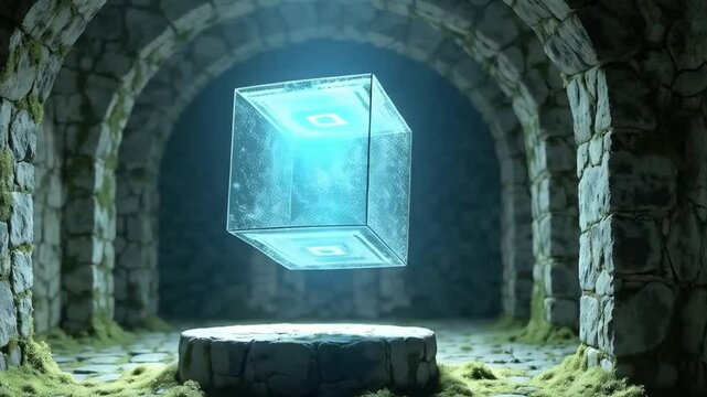 Levitating cube-shaped algorithm hologram composed of rotating code layers above a moss-covered pedestal in an ancient stone crypt, photoreal 8K lighting
