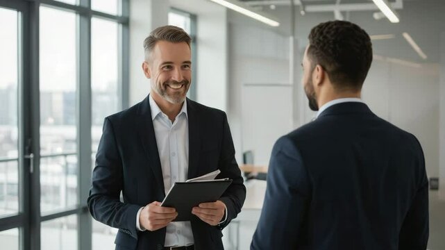 Man in suit holding resume smiling before greeting in a modern office hallway	
