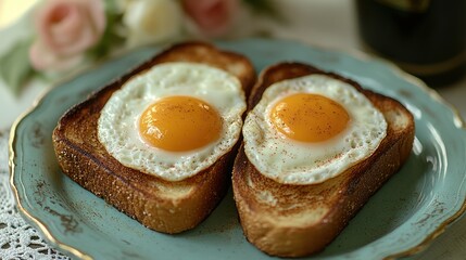 Two slices of toasted bread with fried eggs