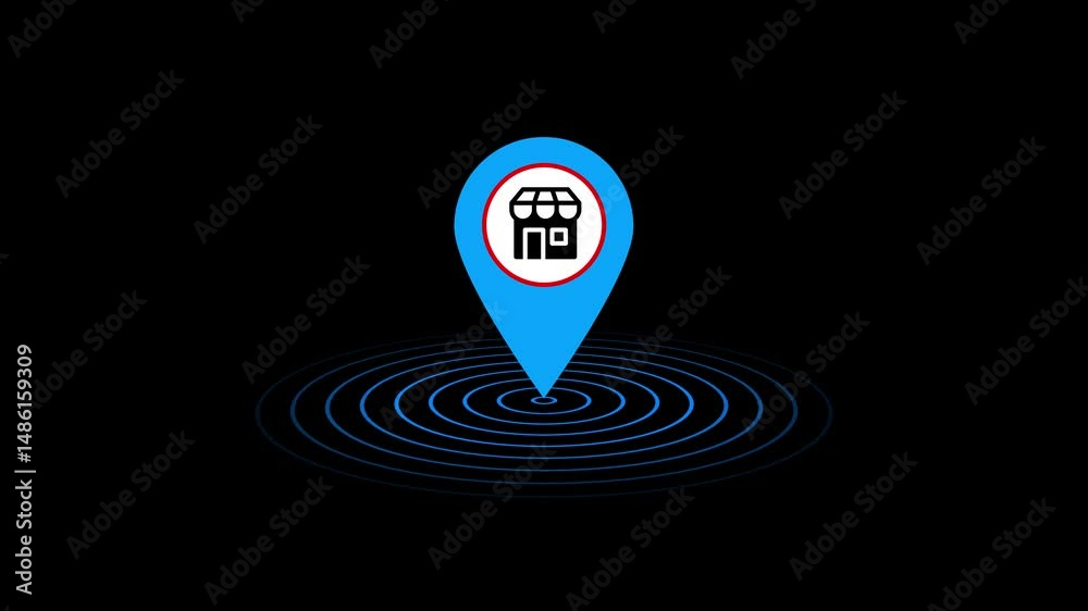Poster store location icon with radial effect. animated store location icon with radial effect on a black b