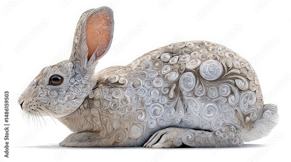 Poster Intricate paper rabbit with swirly doodle patterns sitting gracefully on a plain background for artistic display