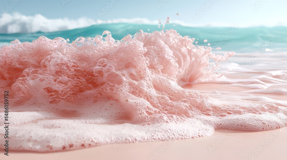 Poster pink foam on the ocean waves. the pink foam is in the water and the waves are in the background