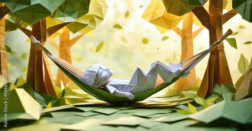 Poster Paper figure rests within hammock. Forest backdrop creates serene, polygonal scene. Sunlight filters through trees, evoking calm.