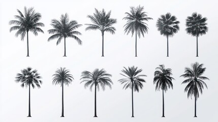 Silhouettes of various palm trees.  Different varieties depicted