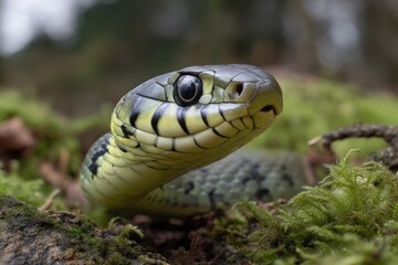 Obraz premium Snake Looking Alert in Mossy Environment Closeup