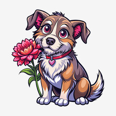 Fototapeta premium Cute Cartoon Dog Holding a Flower – Adorable Dog Art Illustration