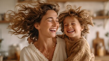 Joyful Mother and Child Embrace with Laughter and Beautiful Hair in Cozy Kitchen Setting