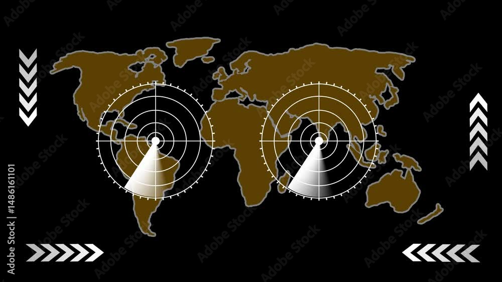Poster scanning world map with global tracking arrows. animated radar scanning world map illustrating globa