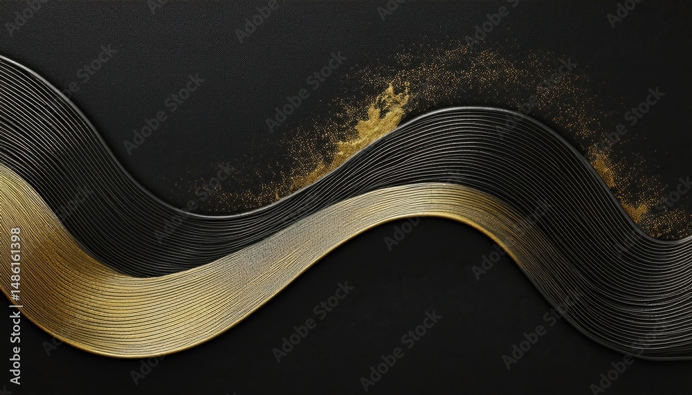 Poster luxurious black and gold abstract wave background with textured metallic accents and elegant curves 