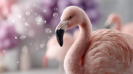 Fototapeta premium A vibrant pink flamingo gracefully rises from the shimmering water, surrounded by a strikingly colorful, glossy backdrop that enhances its reflection