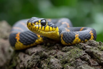 Snake Resting on Log with Striking Yellow and Black Pattern