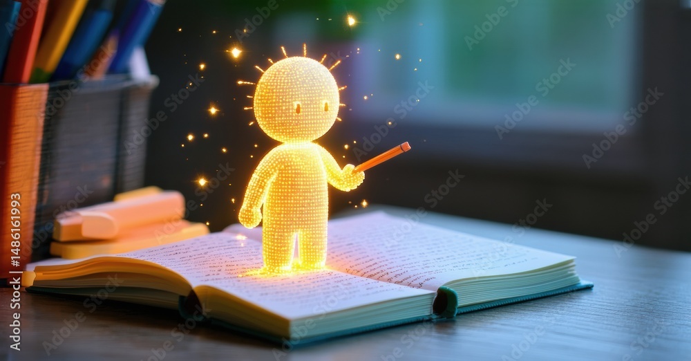 Poster glowing figure emerges from open book. sparks surround tiny teacher pointing with pencil. desk holds