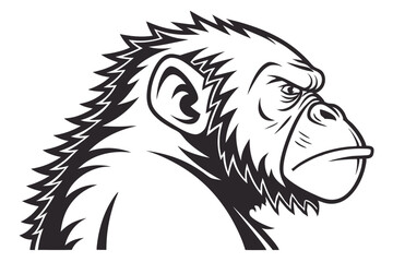 Angry Gorilla Face in Black and White Outline Style, Fierce Animal Head