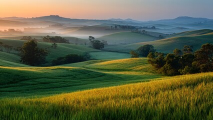 Fototapeta premium Early Morning Sunlight Over Gentle Hills