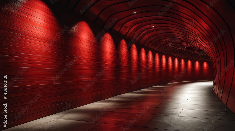 Poster red tunnel with red walls and red lights. the tunnel is long and narrow