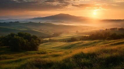 Fototapeta premium Scenic Landscape with Sunrise and Rolling Grasslands