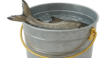 Isolated Fish in a Metal Bucket with Water