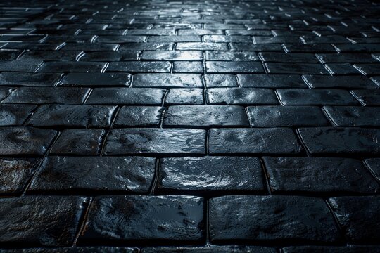 Wet cobblestone street illuminated by soft light, with a dark, moody atmosphere. - Powered by Adobe