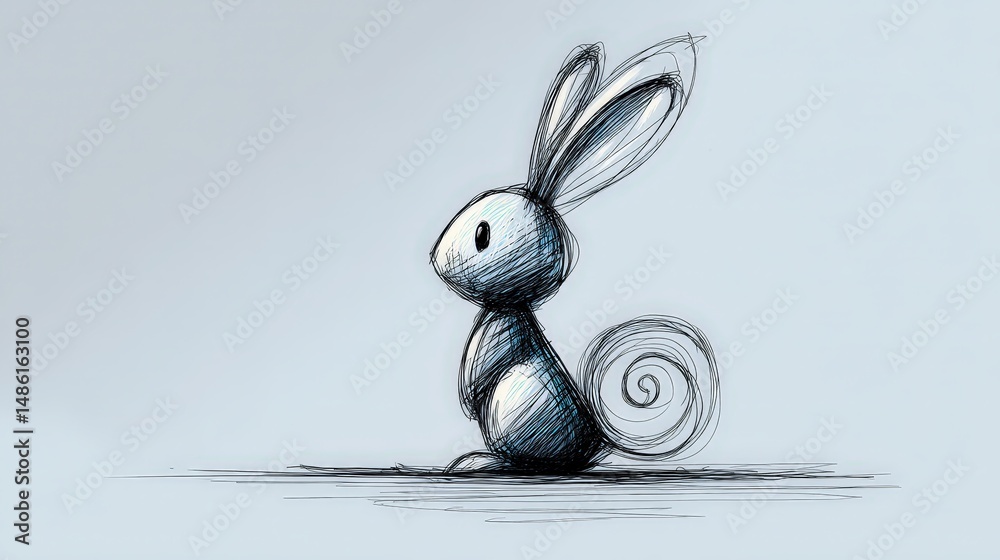 Aufkleber minimal doodle of a rabbit sitting on the ground with spiral tail and abstract elements for creative