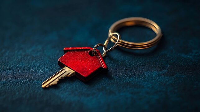 Key to New Beginnings: A close-up shot of a key with a house-shaped keychain, resting on a dark, textured surface. Evoking themes of ownership, security, and the potential for new chapters.
