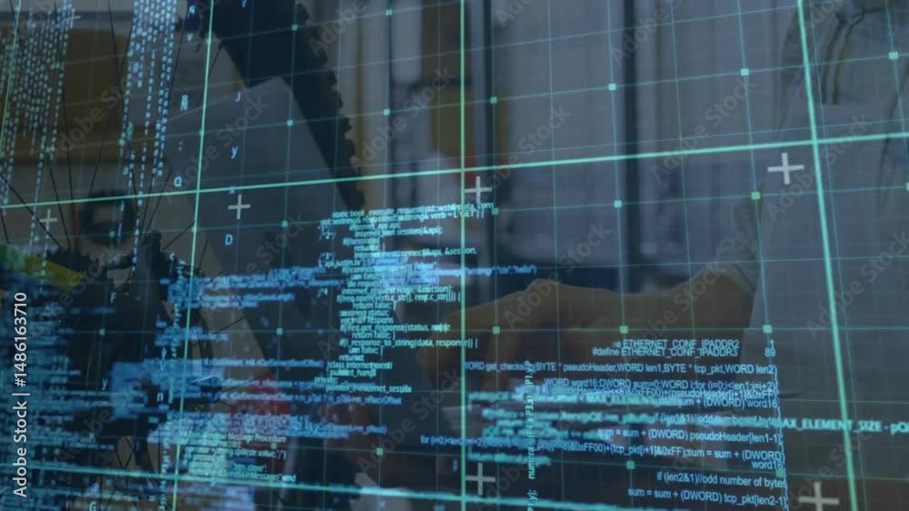 Poster software developer typing at desk, featuring translucent code overlay with glowing grid lines