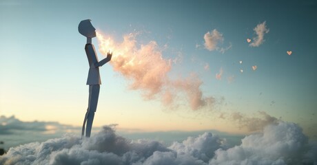 Paper figure stands atop clouds. Light emanates from hands, forming hearts, smoke. Sky presents soft hues, peaceful scene.