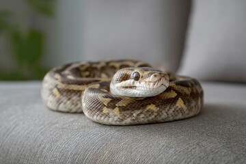 Fototapeta premium Snake Resting Curled on Grey Fabric Surface Indoors
