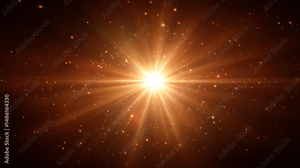 Poster Bright light radiates from a central point against a dark background, featuring warm rays and glowing spots that add depth and visual interest