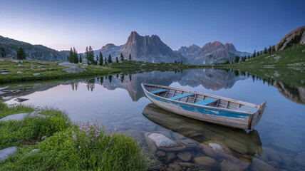 Tranquil mountain lake scene with wooden boat reflecting in the still water