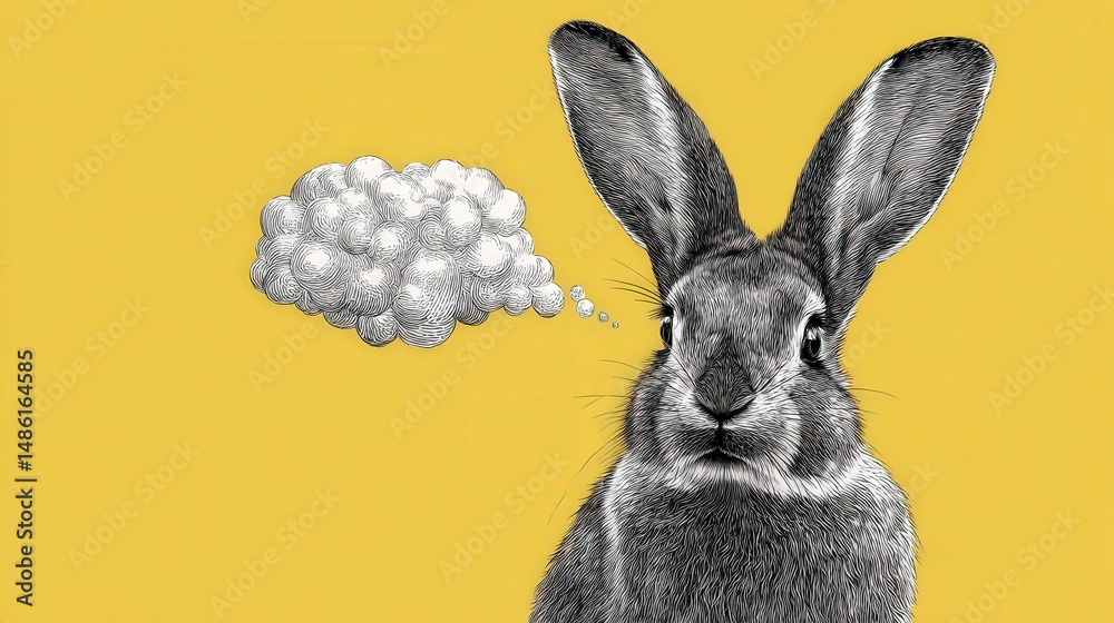Poster Charming long-eared rabbit with a thought bubble doodle element for whimsical and playful illustrations in art