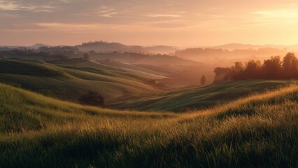 Fototapeta premium Early Morning Mist Over Green Farmland